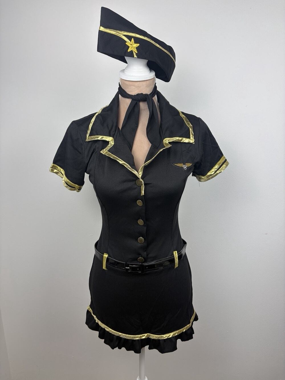 Music Legs Women’s Pilot Costume Black Gold Sexy Aviator Flight Attendant XS